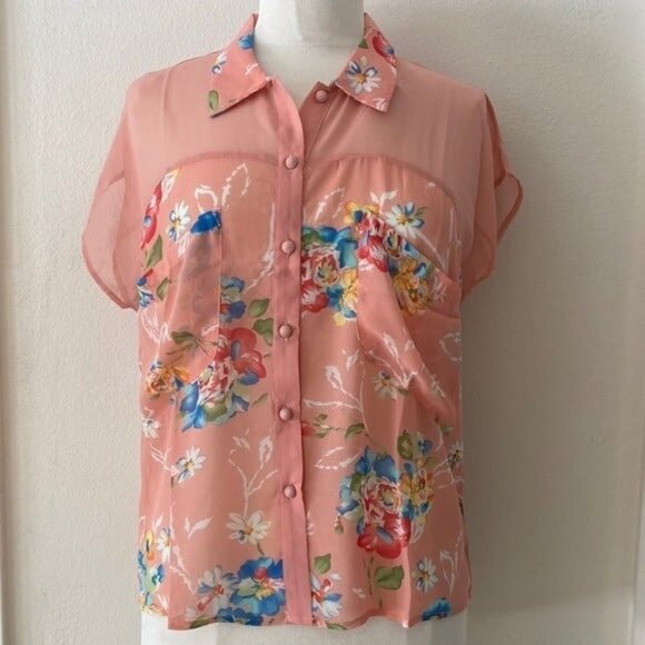 Fashion Blvd. S Sheer Silk floral top casual Spring Summer blue NEW Short Sleeve - Picture 1 of 7